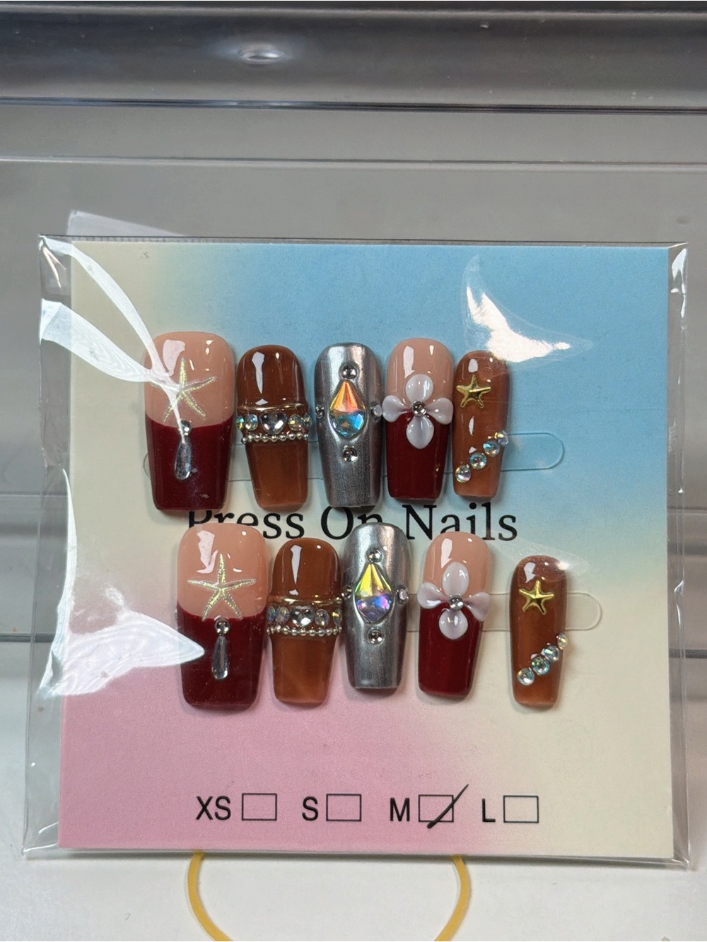 Press-On Nail Set - Brown, Red & Silver Glam